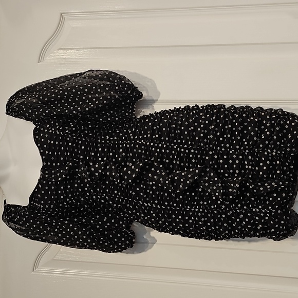 Zara Polka Dot Puff Sleeve Ruched Dress Black White Dots Sz M NWT MSRP $69 - Picture 4 of 13